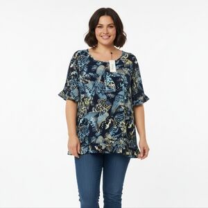 Evans Top Rivka Frill Women's Blue Butterfly Print Plus Size 20‎